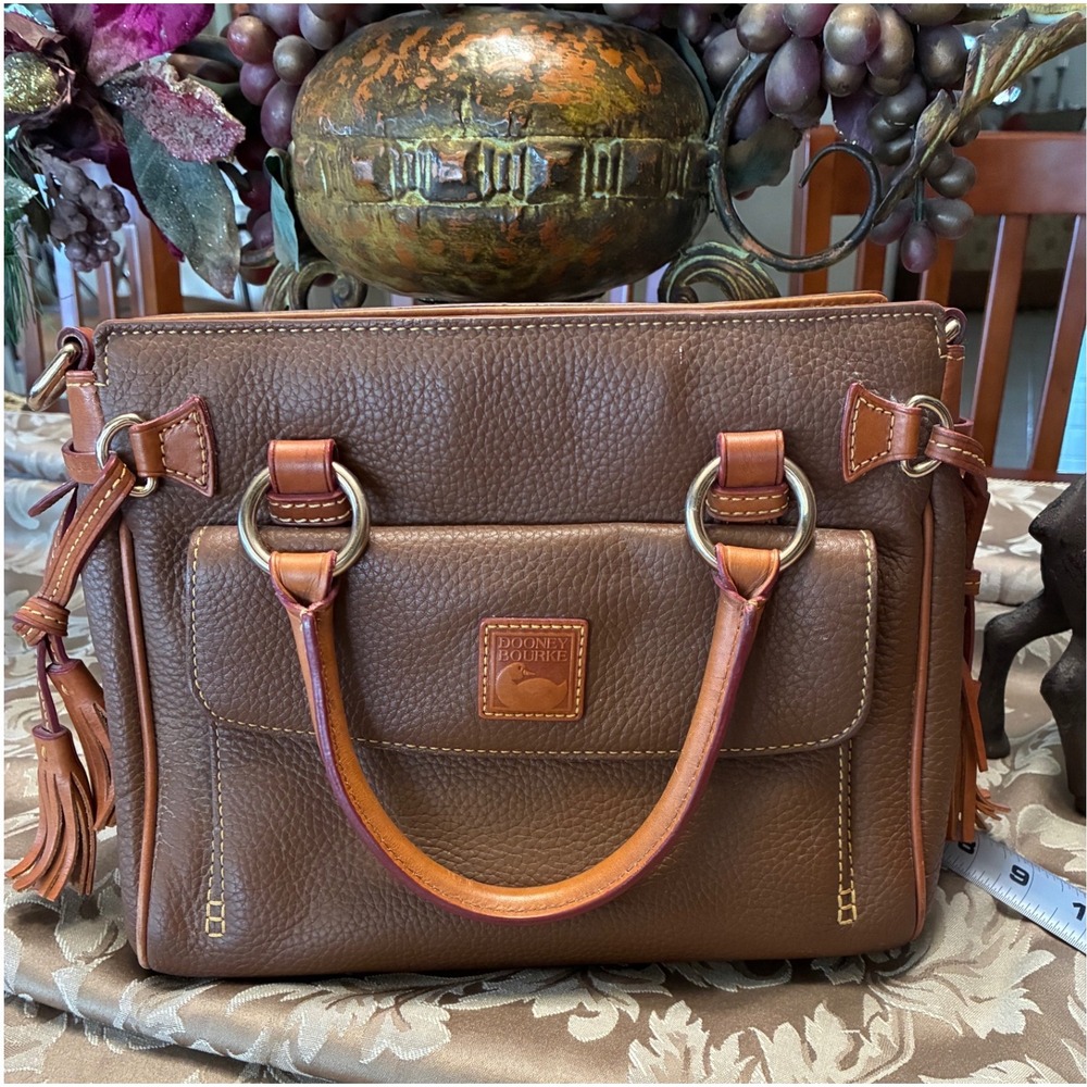 Dooney & Bourke Brown Pebbled Leather Satchel Handbag Tassel Accents
